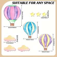 9 PIEZAS Decoraciones colgantes de pared de madera con globos aerostáticos en púrpura, azul y rosa, decoración de pared con nubes y estrellas, cartel de madera para decoración del hogar en dormitorio, salón de clases y sala de juegos