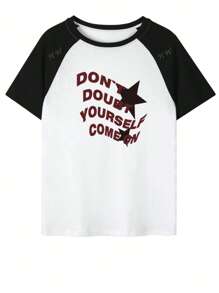 Women's Summer Casual Contrast Color Block Slogan Graphic Short Sleeve T-Shirt