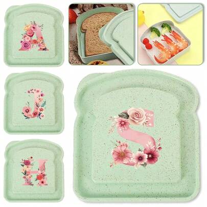 Caja reutilizable para sándwiches con forma de tostada, duradera y a prueba de fugas, portátil, con diseño divertido y único de 26 letras con patrón de rosa rosa, para preparación de almuerzos, almacenamiento de alimentos y comidas para llevar al trabajo, escuela, picnics y actividades al aire libre