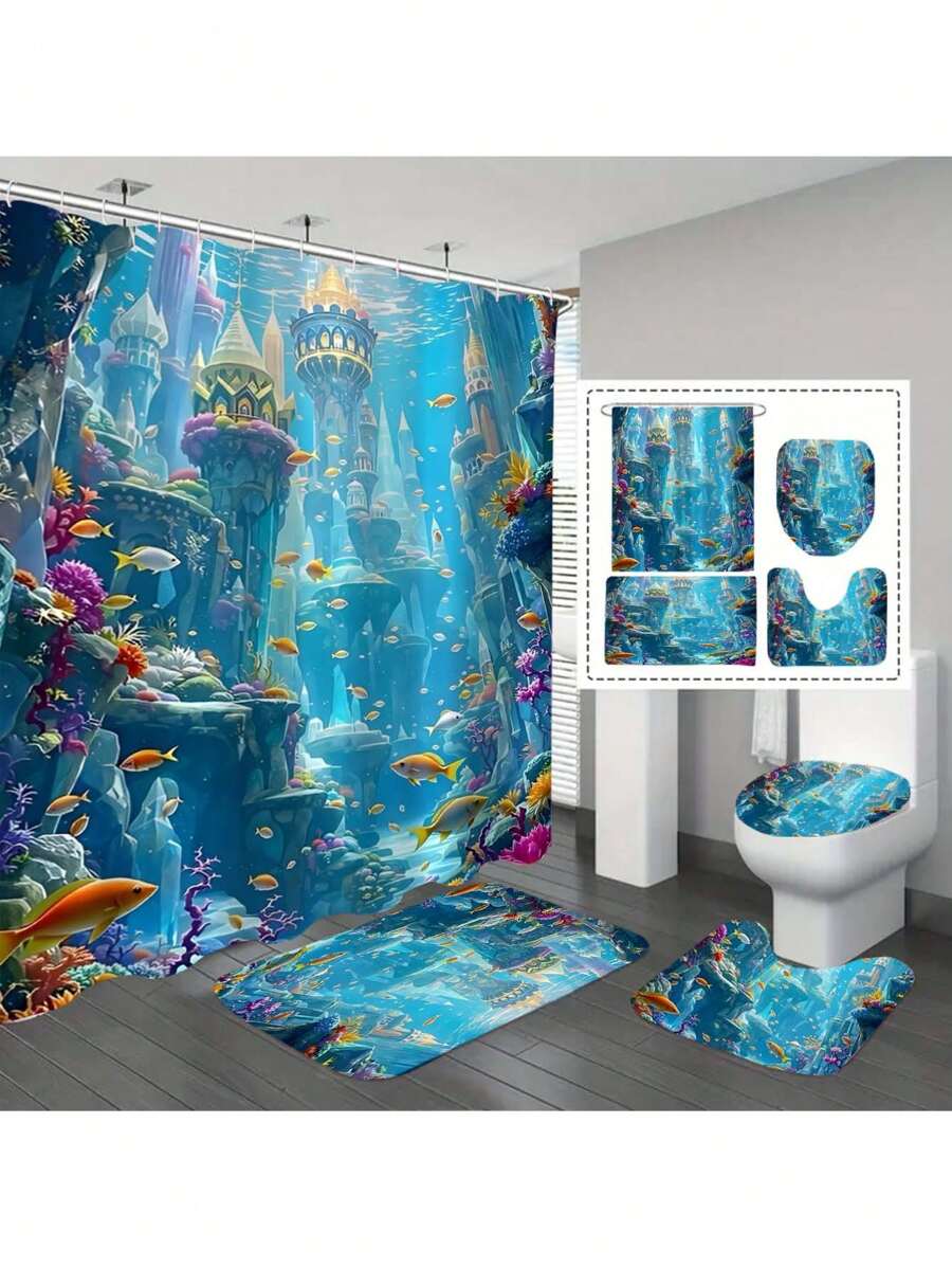 1pc/4pcs Underwater World Colorful Shower Curtain Set - Waterproof Polyester, Digital Printing, Includes Hooks, Suitable For Summer And All Season Bathroom Decor, Fit For Various Holidays - Multicolor - View 1