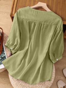 Women's Embroidered Loose Boho Vintage Blouse, Spring/Summer Casual Tops - Light Green - View 2