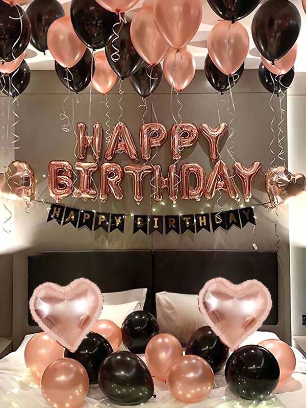 43pcs/Set 16" Rose Gold "Happy Birthday" Banner Foil Balloon Set, Includes Rose Gold, Black Latex Balloons And Heart Shaped Foil Balloons, Black Happy Birthday Banner Pennant, Used For Happy Birthday English Letter Decoration, Party Scene Decorations, Birthday Celebration, Family Party Background Decorations, Weddings, Graduations, Birthday Party Decorations, Women's Birthday Party, Engagement Bride Gifts