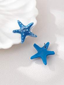 1 par de pendientes con diseño de estrella de mar azul simple, joyería de moda con estilo oceánico para mujeres en vacaciones