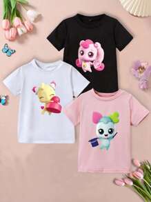 3 PIECES Of Girls Cartoon Character Print Casual Round Neck Short-Sleeved T-Shirt, Suitable For Spring, Summer And Autumn Fashion Clothing