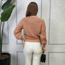 Blusa Feminina Tricot Manga Bufante Gola Redonda Trança Macia Inverno - Nude - Visão 2