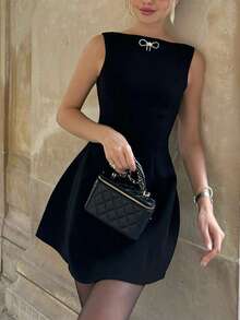 Women's Elegant Solid Color Sleeveless Short Dress ,Bow Decor,Summer - Black - View 4