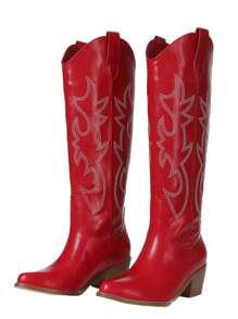 Women's Solid Color Stylish Fall Boots, Easy Comfy Pull On Embroidered Chunky Heel Knee High Boots, Point Toe Western Cowboy Heeled Boots For Woman - Đỏ - Xem 2