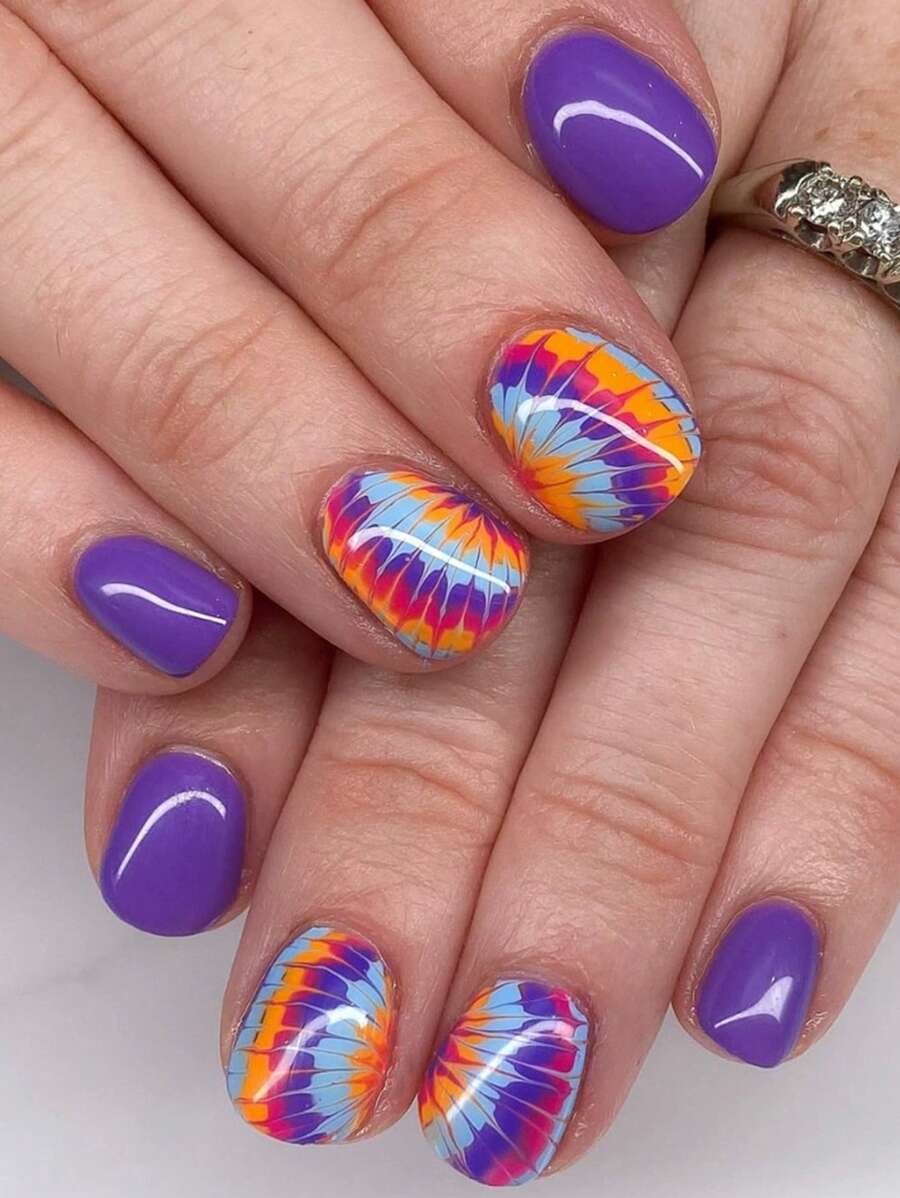 24 Pieces/Change Your Nails Oval Fake Nails Deep Purple Gradient Flower Design Full Cover Press Nail Removable, + Nail File And Jelly Glue, Perfect For All Ladies Party/Everyday Use Press On Nails Nail Supplies Nails - Purple - View 1