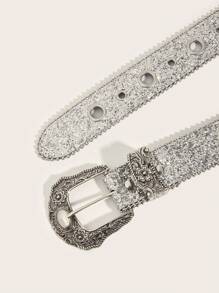 1pc Sequined Shiny Waist Belt For Women, Fashion Accessory Suitable For Carnival, Back To School, Christmas, Halloween, Daily Wear Summer, School Fall, Autumn, Halloween - Engraved Metal Buckle Silver - View 6