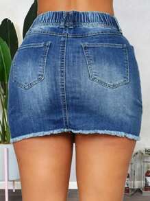 Women's Distressed Denim Skirt - Elastic Waist Mini Skirt With Drawstring & Raw Hem, Sexy Stretch Ripped Jean Skirt For Women, Mature Chic Raw Edge Denim Skirt - 中等水洗藍 - 查看 3