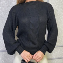 Women's Knitted Blouse With Puff Sleeves, Round Neck, Soft Braid, Winter - Black - View 3