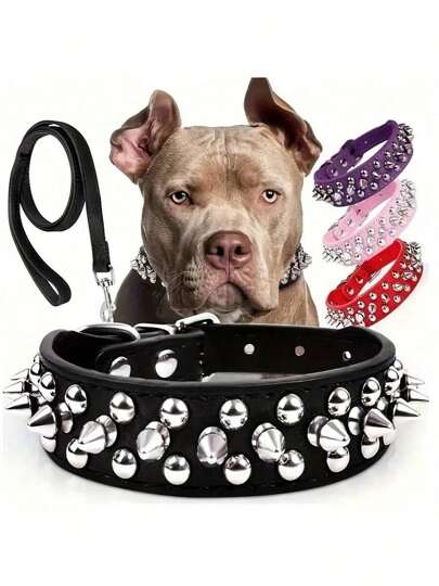 Studded Dog Collar And Leash Set, Adjustable Rivet Leather Dog Collar, Suitable For Outdoor Walking