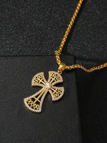 1 Pieza de collar con colgante de cruz de estilo retro de metal estilo con incrustaciones de cobre y circonita, collar de cruz de estilo hip-hop con rhinestones, adecuado para fiestas cristianas y uso diario