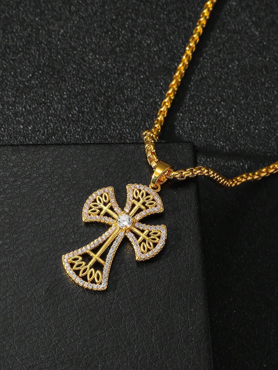 1 Pieza de collar con colgante de cruz de estilo retro de metal estilo con incrustaciones de cobre y circonita, collar de cruz de estilo hip-hop con rhinestones, adecuado para fiestas cristianas y uso diario