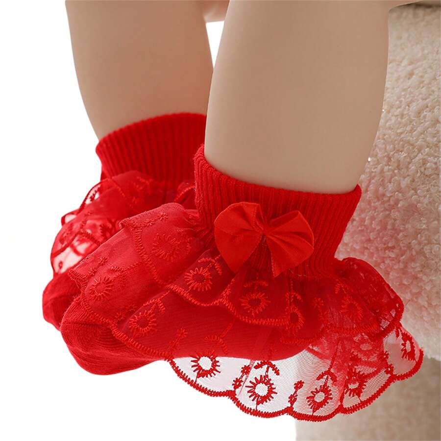 Baby Girls Ruffle Lace Socks, Super Soft Infant Ankle Socks Princess Dress Socks With Bow - 紅色 - 查看 1