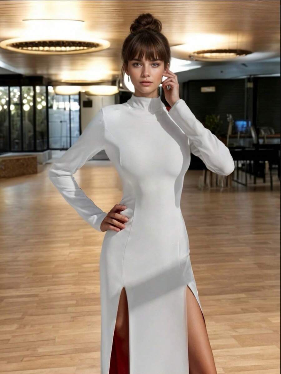 Women's Sexy Side Slit Long Sleeve Bodycon Fashion Dress - 白色 - 查看 1