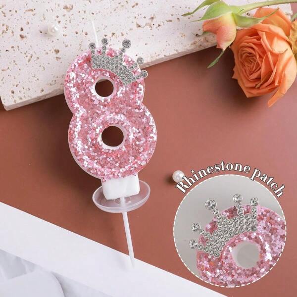 1 Pc Crown Theme Pink Glitter Creative Number 0-9 Candles For Birthday Party Cake Decoration Atmospheric Feeling Birthday Baking Plug-In Decoration Suitable For Girls, Goddess,Princess Female Party Birthday Wedding Anniversary Celebration Supplies Gifts Graduation