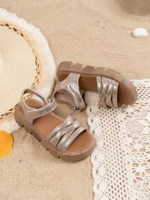 1 Pair Kids Girls Woven Thick Sole Non-Slip Flat Sandals, Fashionable & Simple For Beach, Summer - Rose Gold - View 4