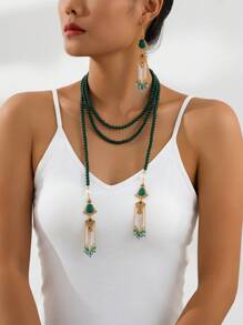 1 Set: 1 Pair Earrings And 1 Necklace, Bohemian Glass Tassel Jewelry Set, Copper Alloy Long Sweater Chain, Suitable For Daily Wear And Parties - Multicolor - View 1