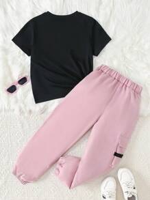 2 Peças Conjunto: Calça Cargo da Moda + Camiseta com Estampa da Letra Los Angeles, Conjunto de Verão para Meninas Adolescentes