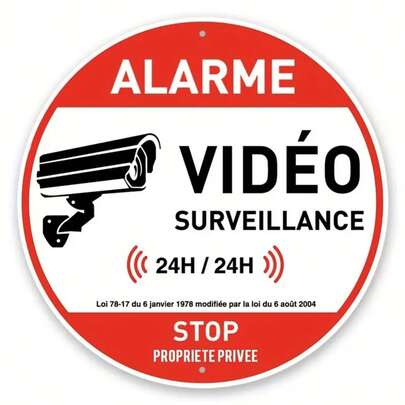 1pc Round Metal Sign, 24 Hour Video Surveillance Sign, Alarm Sign, Easy To Hang, Suitable For Garden, Entrance, Outdoor Decor, 8*8 Inch, Suitable For Home And Garden - Waterproof, Fade-Resistant And Rust-Proof, Random Hole Positions