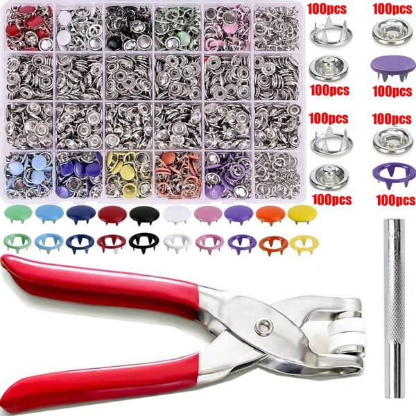 800 piezas/200 sets Remaches de presión metálicos de cinco púas con alicates, kit de botones a presión metálicos huecos y sólidos, para costura de ropa, ideal para manualidades DIY, prendas, sombreros y costura (color aleatorio)