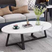 Coffee Table White Faux Marble Coffee Table For Living Room,Oval Modern Center Table Tea Table For Small Space,Wooden Living Room Tables End Table With Sturdy Black Metal Leg - Black - View 1