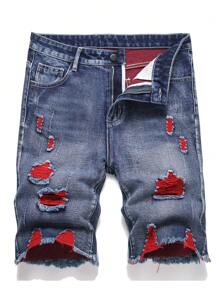 Shorts vaqueros informales de hombre en color lavado y con roturas y contraste