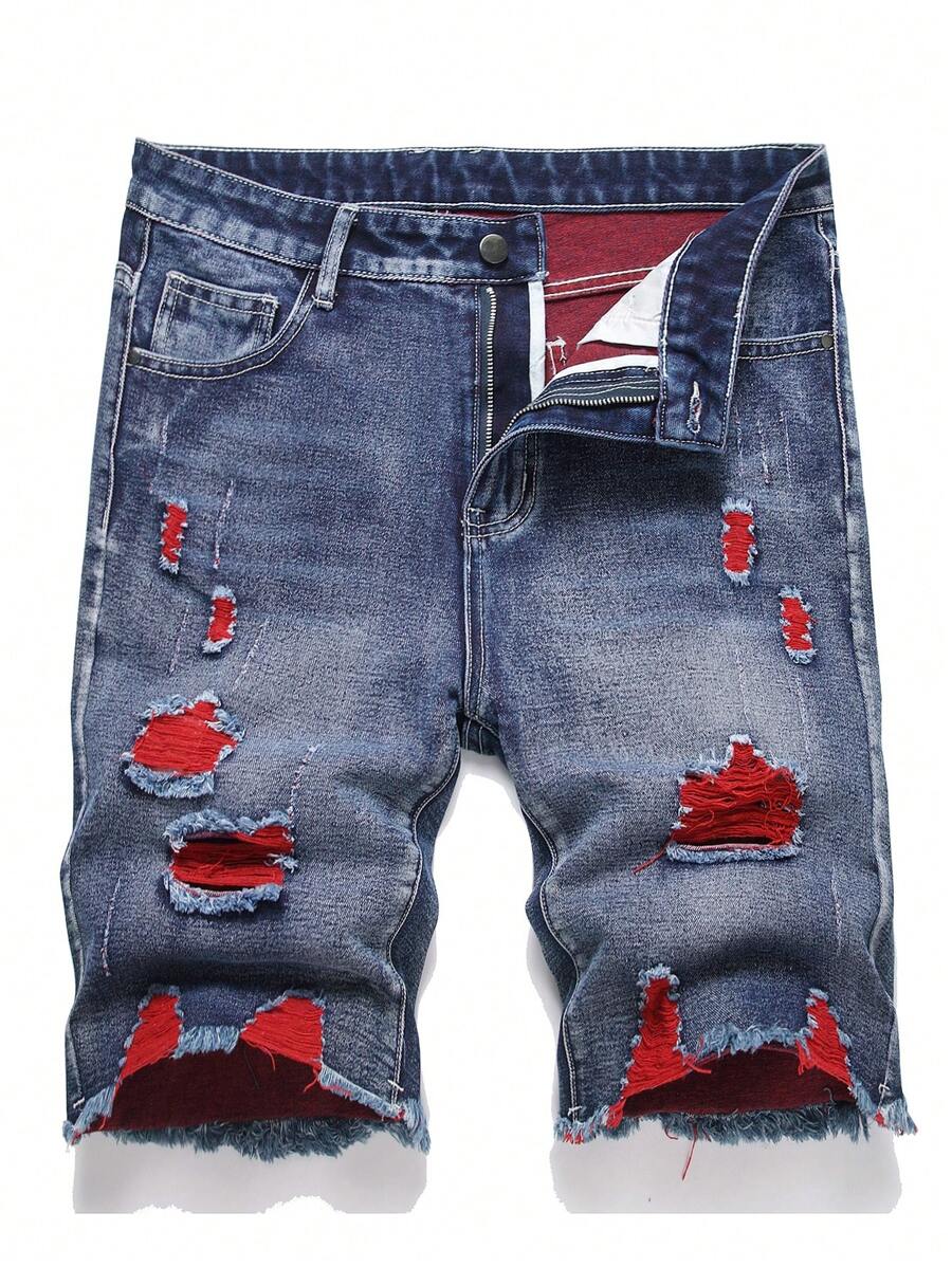 Shorts vaqueros informales de hombre en color lavado y con roturas y contraste