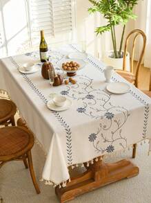 1 pieza Mantel impermeable blanco con estampado de flores y enredaderas, estilo fresco y romántico con flecos en el borde, para la cocina, el comedor, la mesa de café, la boda, la decoración diaria de la mesa - girasol azul - Ver 8