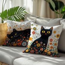 Set de 4 fundas de cojín decorativas con diseño de gato negro y flores de Klimt, hechas de tela de terciopelo suave, impresión unilateral, de 45 * 45 cm, adecuadas para sala de estar, dormitorio, sofá, decoración del hogar, regalo