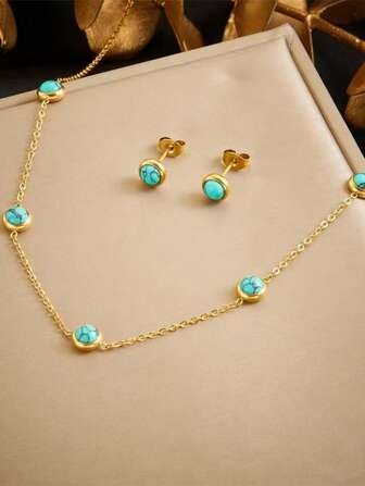 1 套不锈钢时尚小众设计复古简约圆形绿松石吊坠项链和耳环，不锈钢首饰套装