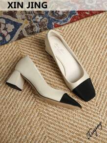 Xin Jing Shoes Fall/Winter Two Tone Chunky Heeled Court Pumps, Apricot Elegant Color Block Women's High Heels,Elegant - Apricot - View 1