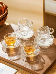 1 Set - Glass Coffee Cup & Saucer Set - Small Espresso Cups With Handles - Mini Glass Cups, Transparent Glass Coffee Cup Set - 6 Cups + 6 Saucers - Gift For Coffee Lovers - Multicolor - View 2
