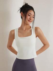 Summer Workout RUNNING GIRL Women's Racerback Sports Camisole With Fixed Cup, Open Back Yoga Tank Top - White - View 3