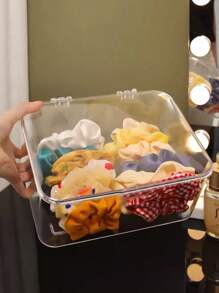 1 pieza/2 piezas Caja de almacenamiento de joyas con estilo, organizador transparente a prueba de polvo con tapa abatible perfecto para sujetadores de pelo, diademas y bandas elásticas, solución de almacenamiento apilable y versátil para cajones, tocador y baño, regalo ideal para novia en Navidad, Acción de Gracias, Año Nuevo y San Valentín, mejora tu espacio con una decoración funcional y elegante