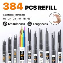 35 件套艺术自动铅笔套装带盒，0.5 0.7 0.9 2.0 石墨金属绘图绘图铅笔，卷笔刀橡皮擦 384 件铅芯替换装（6B 4B 2B HB 2H 4H 颜色）用于书写素描的铅笔，黑色返校 - 黑色 - 查看 4