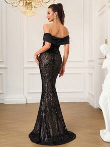 Elegant Heavy Sequins Off Shoulder Fitted Maxi Formal Evening Gown With Train, Party Dress, For Wedding Guest - 黑色 - 查看 2