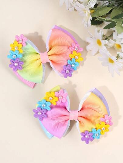 2pcs Rainbow Flower Hair Bows Clips For Girls, Tie Dye Pearl Ribbon Bowknot Alligator Clips, Cute Hair Barrettes, Girl Pigtail Bow Clips, Spring Birthday Wedding Music Festival Headwear Gift, Teens Hair Accessories.