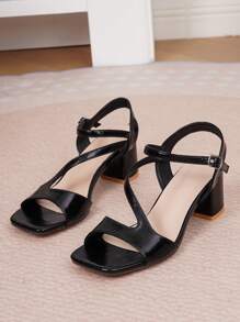 Women's Open Toe Crisscross Strap Buckle Ankle Strap Platform Chunky Heel Black PU Sandals, Elegant And Comfortable - Black - View 6