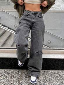 Women's Dark Gray Ripped Wide-Leg Jeans Retro Fashion Loose Pants - 灰色 - 查看 4