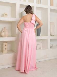 Victoria Long Dress Luxury Plain Duna Linen With Bow One Shoulder - Baby Pink - View 3