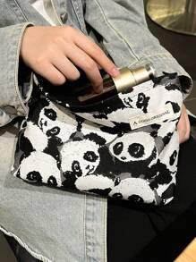 1 pieza Bolsa de maquillaje con estampado de panda, estuche de lona para cosméticos, bolsa de artículos de aseo, organizador de viaje, bolso de mano, bolsa de ropa interior