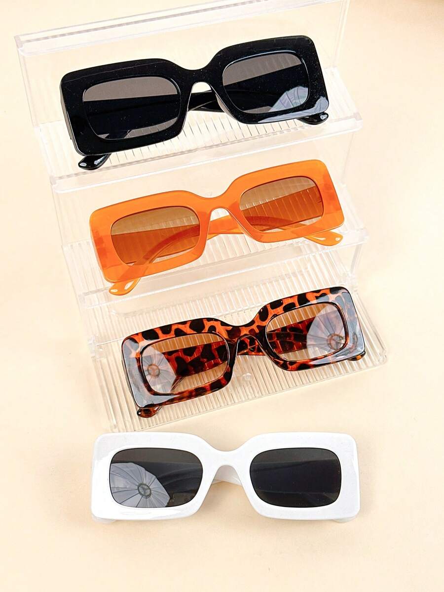 4 Packs Large Square Glasses Set - Stylish Oversized Frames In White, Black, Orange, And Leopard Print For Fashionable Eye Protection And Enhanced Vision