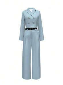 Women's Autumn Fitted Collar Long Sleeve Blazer And Wide-Leg Pants Suit Set