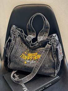 1 件女士新款时尚手提包，容量大，时尚牛仔纹理，别致街头风格，适合约会、购物、多功能 - 黑色 - 查看 7