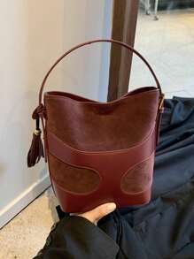 女士勃艮第色块水桶手提包，时尚优雅，适合通勤和购物，可手提或斜挎