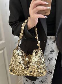 1 chiếc túi đeo tay nhỏ có khóa kéo, lấp lánh, thiết kế đính sequin nhiều màu, kiểu dáng Châu Âu & Mỹ, túi đeo vai chéo đựng điện thoại sáng tạo, cá tính, thích hợp cho tiệc tùng, dạ hội, hẹn hò dành cho nữ, đính sequin. - Vàng - Xem 5