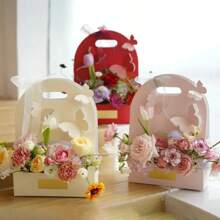 5pcs, Mother's Day Valentine's Day Wedding Women's Day Teacher's Day Tote Cake Flower Box Hand Flower Basket Paper Bowknot Flower Box Flower Arrangement Bag Flower Packaging Gift Box Gifts Birthday Graduation Birthday Decorations Party Decorations Gift Bags