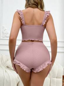 女士细肩带短裤条纹袖口荷叶边可爱睡衣套装 - 藕粉色 - 查看 2